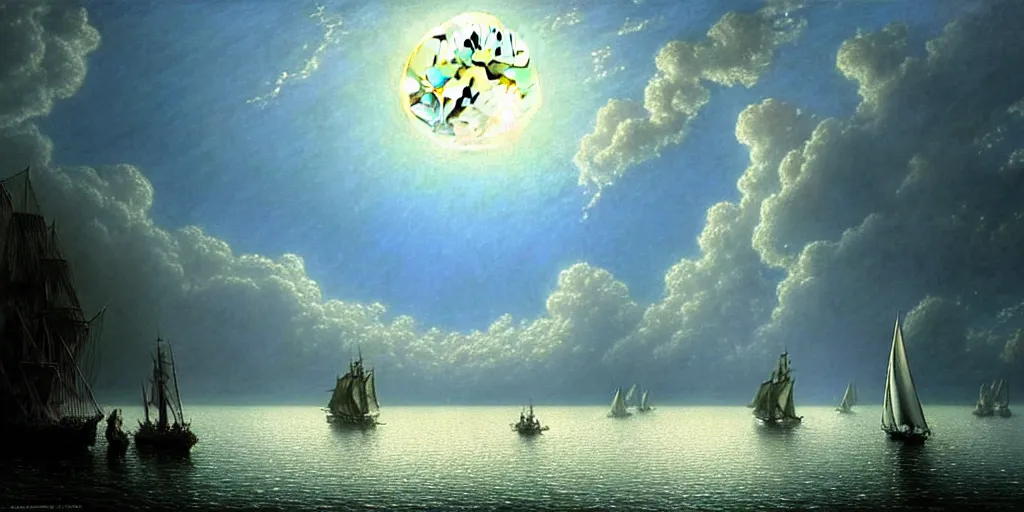 Prompt: an elegant fairy queen in a blue lace dress dancing looking out at a lord of the rings scenery landscape, staring across the sea at a large white timber sail ship, evening, god's rays highly detailed, vivid colour, soft clouds, full moon, cinematic lighting, perfect composition, gustave dore, derek zabrocki, greg rutkowski, belsinski