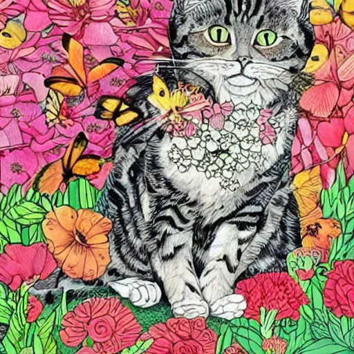 Image similar to detailed intricate ink illustration, a group of cat playing in a garden of flowers, a mix media painting by Sandra Chevrier