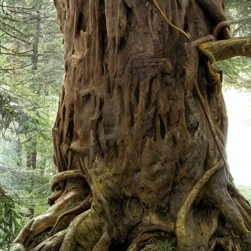 Prompt: a young hiker accidentally carves his name into the bark at the base of a gigantic ancient tree ent creature's leg, which looks down at him from high above angrily, trending on artstation hyperreal - h 1 0 2 4