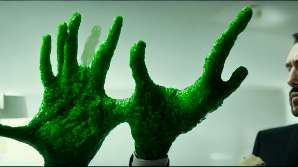 Prompt: the strange giant creature hand in the office, made of Chlorophyll and water, film still from the movie directed by Denis Villeneuve with art direction by Salvador Dalí