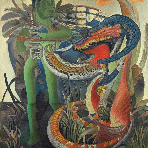 Image similar to high quality, high detail painting, dutch masterpiece, fluxus, blu, film noir, diego rivera, high garden scene with quetzalcoatl at night, hd, muted lighting