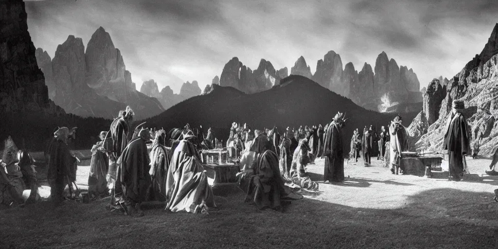 Image similar to 1920s photography of an occult ceremony and priests with hay coats and horns meeting with dolomites in the background, occult signs, wicca, alp, dolomites, alpine, detailed intricate insanely detailed octane render, 8k artistic 1920s photography, photorealistic, black and white, chiaroscuro, hd, by David Cronenberg, Raphael, Caravaggio