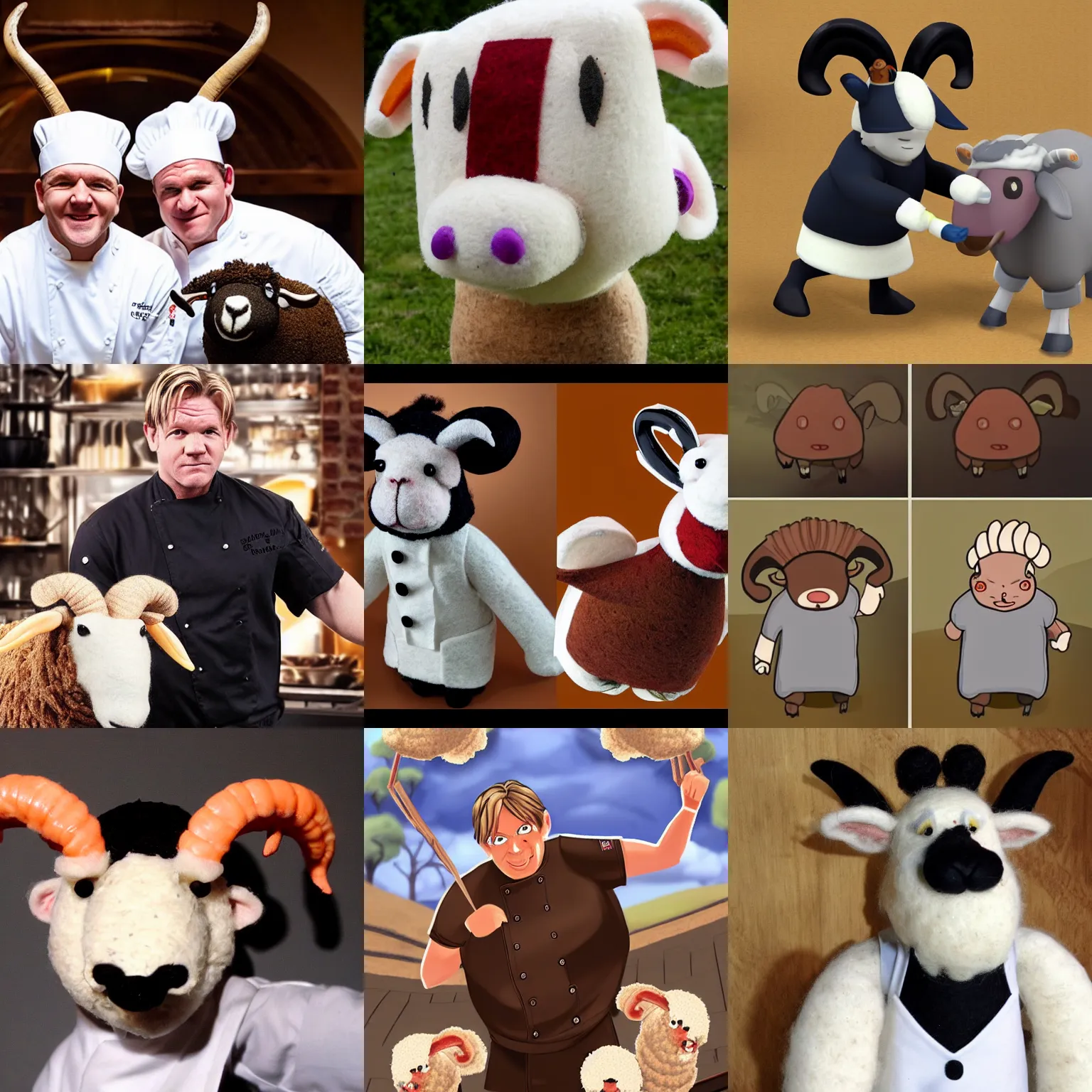 Prompt: chef gordon!! ramsay!! as a ram sheep with horns! and wool