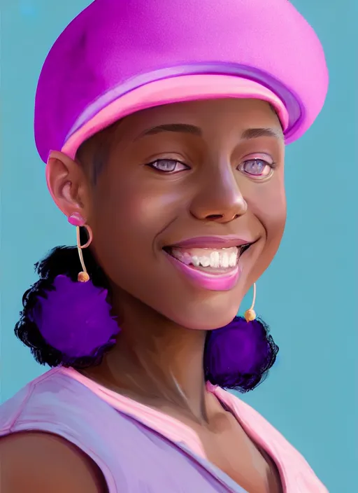 Image similar to portrait of vanessa morgan, black teenage girl, pink hair, wavy pixie haircut, purple newsboy cap, fluffy pink hair coming out from under cap, hoop earrings, subtle confident smile, intricate, elegant, glowing lights, highly detailed, digital painting, artstation, concept art, sharp focus, illustration, art by wlop, mars ravelo and greg rutkowski