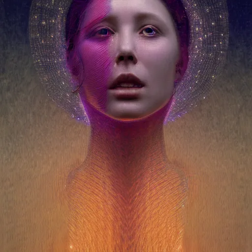 Prompt: Woman's portrait, crystals, flat background, glowing, wires everywhere, by Edgar Maxence and Ross Tran, Zdzisław Beksiński, and Michael Whelan, distant, gustav dore, H.R. Giger, 8k, octane render