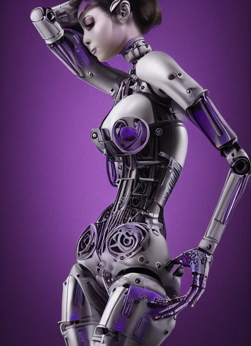 Image similar to beautiful female robot, wearing an intricate purple corset, burlesque, perfect features, anatomically correct, arms by her side, symmetrical facial features, expression of longing for more, elegant, futuristic, fantasy, artsy, digital art,