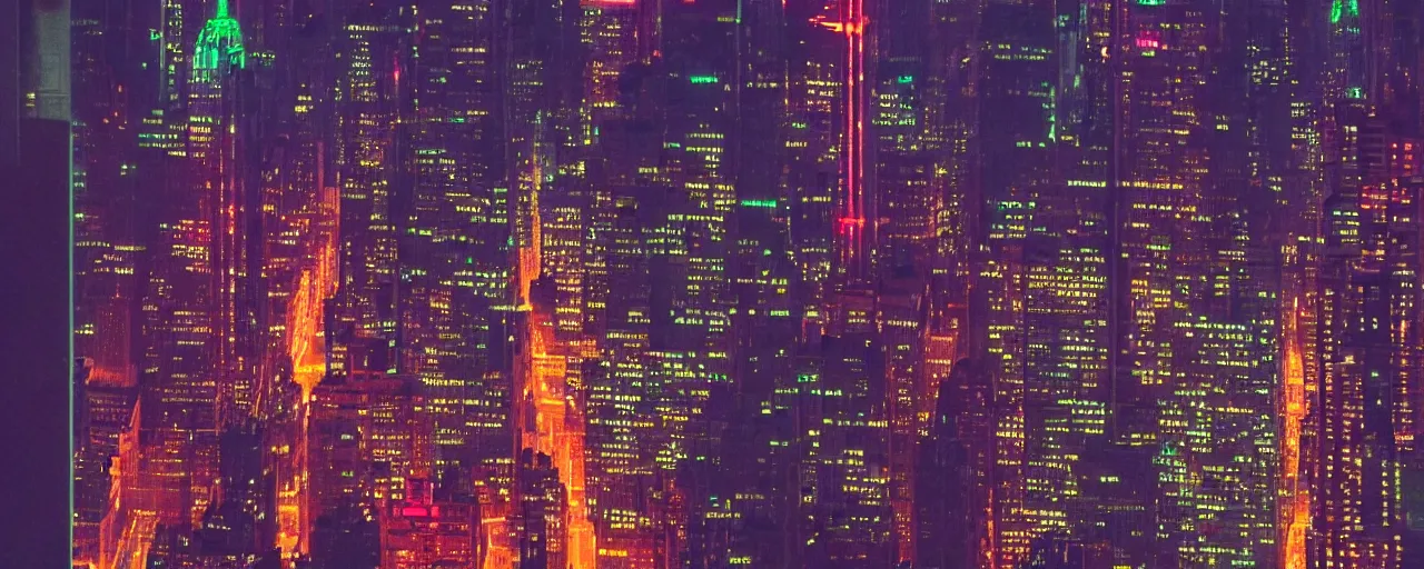 Image similar to ''photorealistic stablishing shot of futuristic new york city, at night with neon signs, shot in imax camera with anamorphic 4 0 mm lens by denis villeneuve''