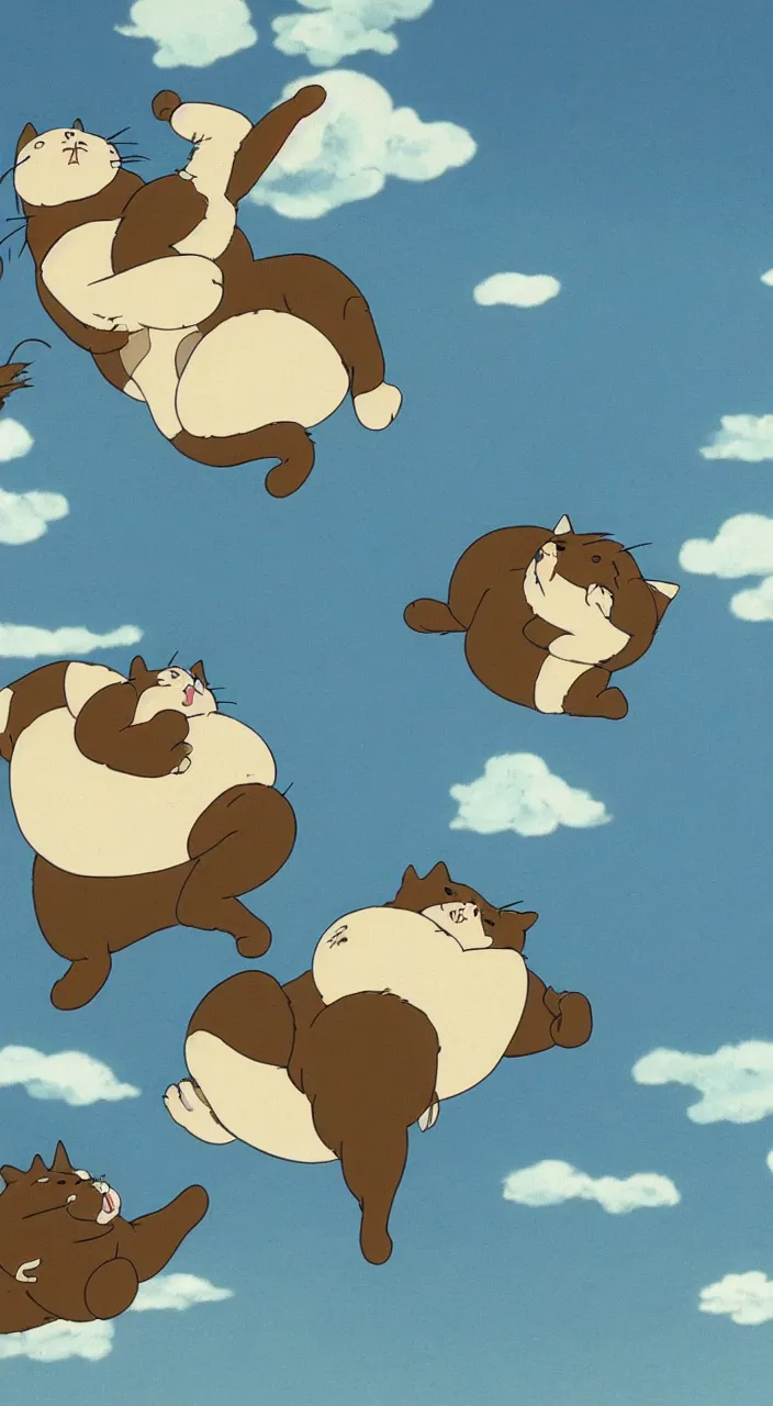 Prompt: fat cat falling from the sky, screenshot from the film by studio ghibli, trending on arstation