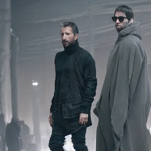 Prompt: Denis Villeneuve visual style, blade runner 2049 colors, rick owens, yohji yamamoto, yeezy, arabic clothes, pyramids