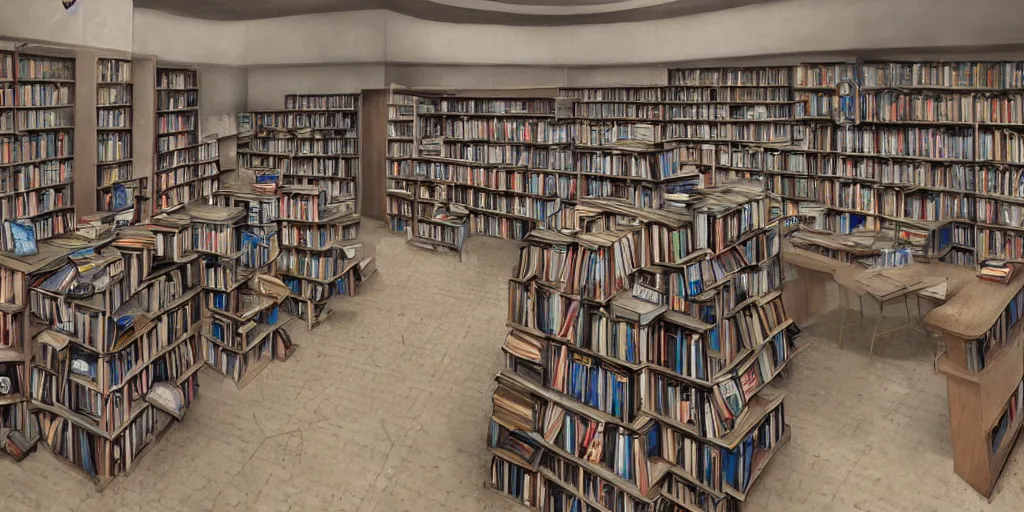 Prompt: eerie abandoned bookstore in the mall at night, anime!, scattered books on the floor, blue lighting, award - winning photorealistic digital art