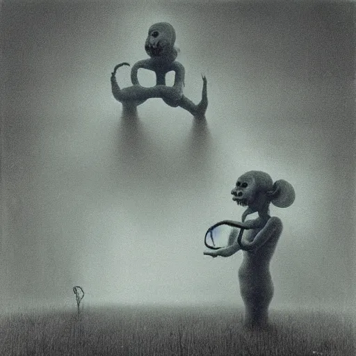 Image similar to smurfs in the style of zdzisław beksinski, creepy and scary atmosphere like nightmare