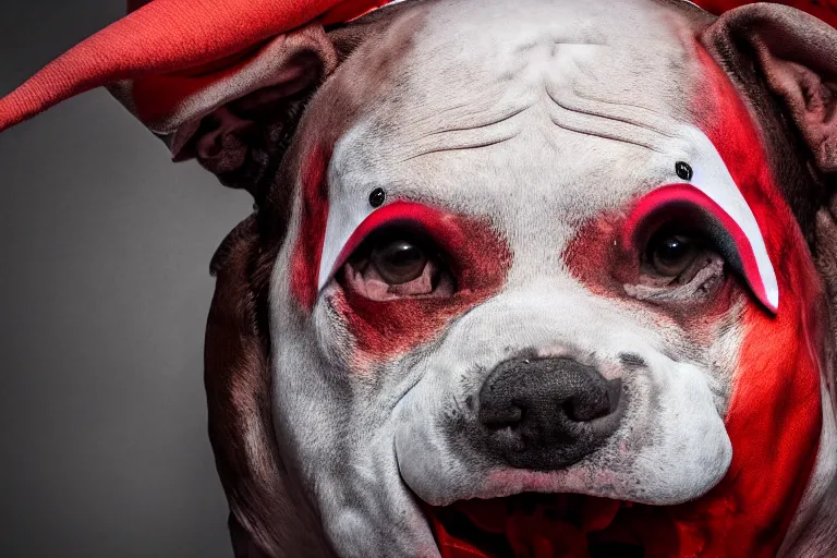 Prompt: a snarling pit bull wearing a clown mask and a red rubber nose, 4 k, hdr color