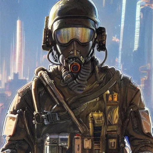 Image similar to Vernon. USN special forces futuristic recon operator, cyberpunk military hazmat suit, on patrol in the Australian autonomous zone, deserted city skyline. 2087. Concept art by James Gurney and Alphonso Mucha