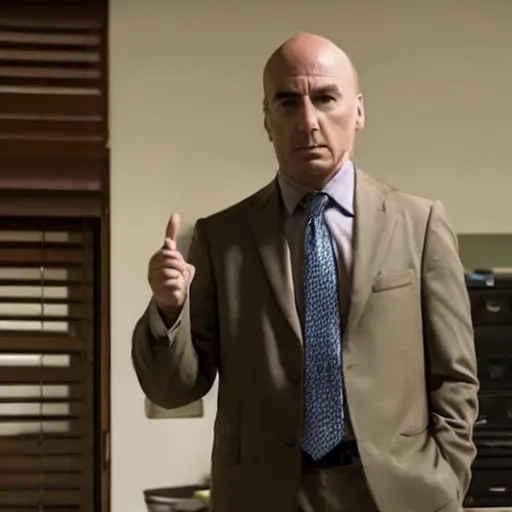 Image similar to Still from Better Call Saul where Saul Goodman is bald.