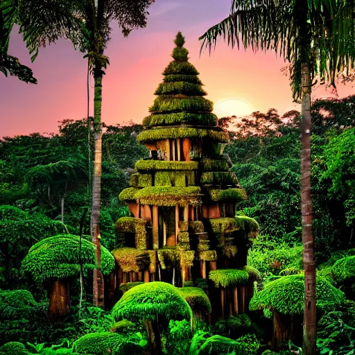 Prompt: a jungle temple surrounded by moss and tropical flowers, with a sunset, by alex horley, bokeh photography, amaranth colour