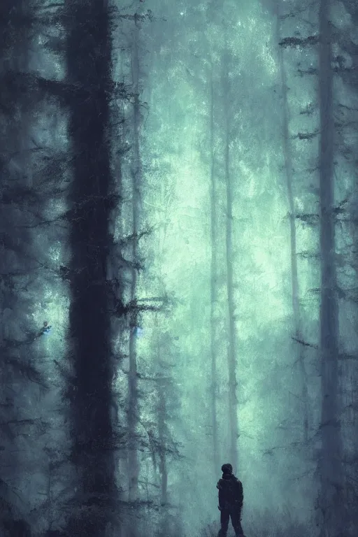 Image similar to detailed cinematic moody colors studio portrait of an astronaut standing in a dense forest, high quality by jeremy mann, only one head single portrait