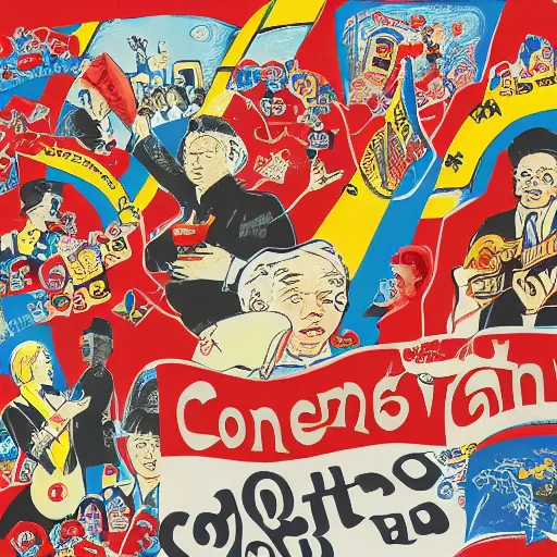 Prompt: a communist revolution in Candy Land, 1960s illustration, high quality, collage in the style of Klaus Voormann and Chinese Propaganda, album cover, peppermint motif