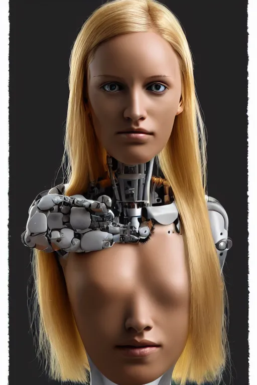 Image similar to robot with human face, female head, full body angle, woman human face, human face realistic, beautiful blonde hair, human head, human head with blonde hair, blonde hair human head, blonde hair, human realistic face, human head skin, cyborg frame concept, cyborg by ales-kotnik, sci-fi android female, the body is made of wires, robotic body, cyborg body, cyborg bust body, robot body cyborg, full body