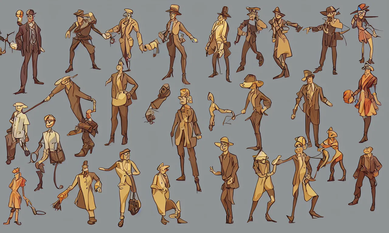 Prompt: game asset sheet, material study, 2 d sprite, stylized characters from a 1 9 2 0 s animated cartoon art deco era
