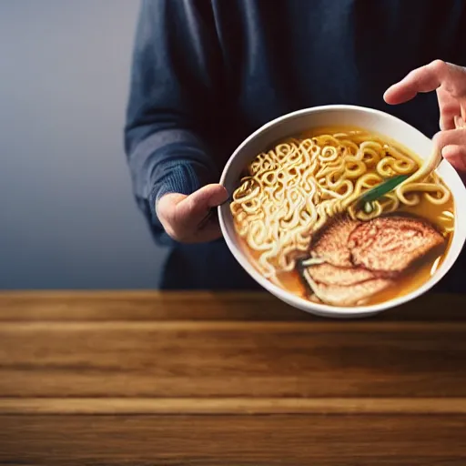 Image similar to a tiny man eating a gigantic bowl of ramen noodles, photorealistic, photograph