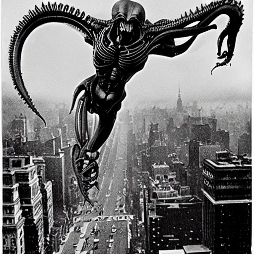 Image similar to old black and white photo, 1 9 1 3, depicting a xenomorph from the movie aliens rampaging through the bustling streets of new york city, historical record