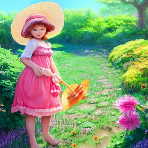 Prompt: A beautiful portrait of an anthropomorphic pig wearing a sunhat and a sundress, cute, adorable, summer, garden, vivid colors , by Stanley Artgerm Lau, WLOP, Rossdraws, James Jean, Andrei Riabovitchev, Marc Simonetti, and Sakimichan, tranding on artstation