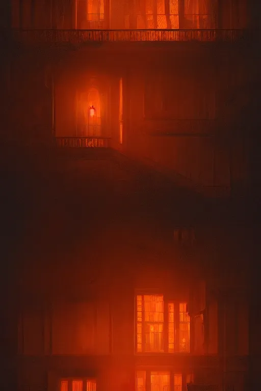 Prompt: A Victorian House of The Void with big orange eyeballs staring out from the windows, Red and Orange colored, Lovecraftian, 4k, masterpiece, cinematic, glowing, by Greg Rutkowski, Trending on Artstation, Behance. Polished, Volumetric Lighting