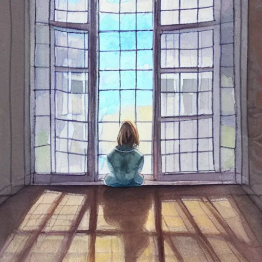 Image similar to person in pyjamas standing near window, sun rays, daylight, big french door window, big spatious room, 2 4 mm, wooden floor, modern, pastel palette, winter sun, photorealistic, high ceiling, watercolor painting