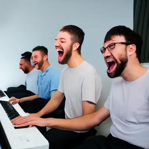 Prompt: several guys typing on keyboard while laughing very hard, mouth wide open, studio light, photorealsitic