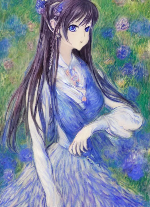 Prompt: a portrait of a moon princess, blue outfit, very anime in impressionist style, trending artwork, anime painter studio, by claude monet