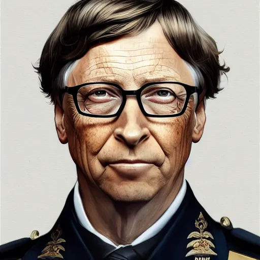 Prompt: portrait of Bill Gates as a German Officer, elegant, intricate, headshot, highly detailed, digital painting, artstation, concept art, sharp focus, illustration, art by artgerm and greg rutkowski and alphonse mucha