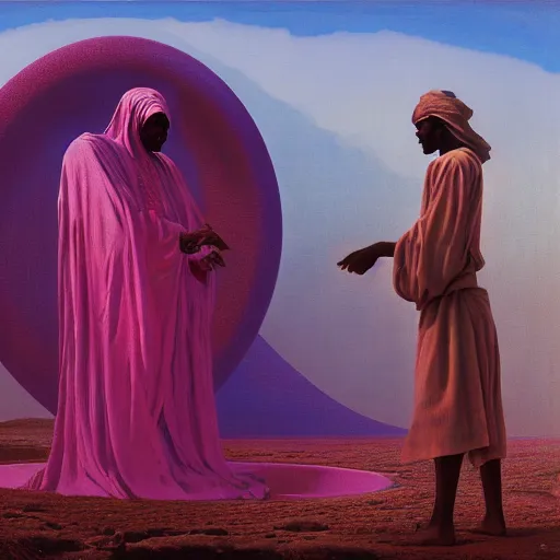 Image similar to african moors in white robes building a steampunk portal near a pink lake by zdislaw beksinski and thomas blackshear and alex grey, oil on canvas, 8k