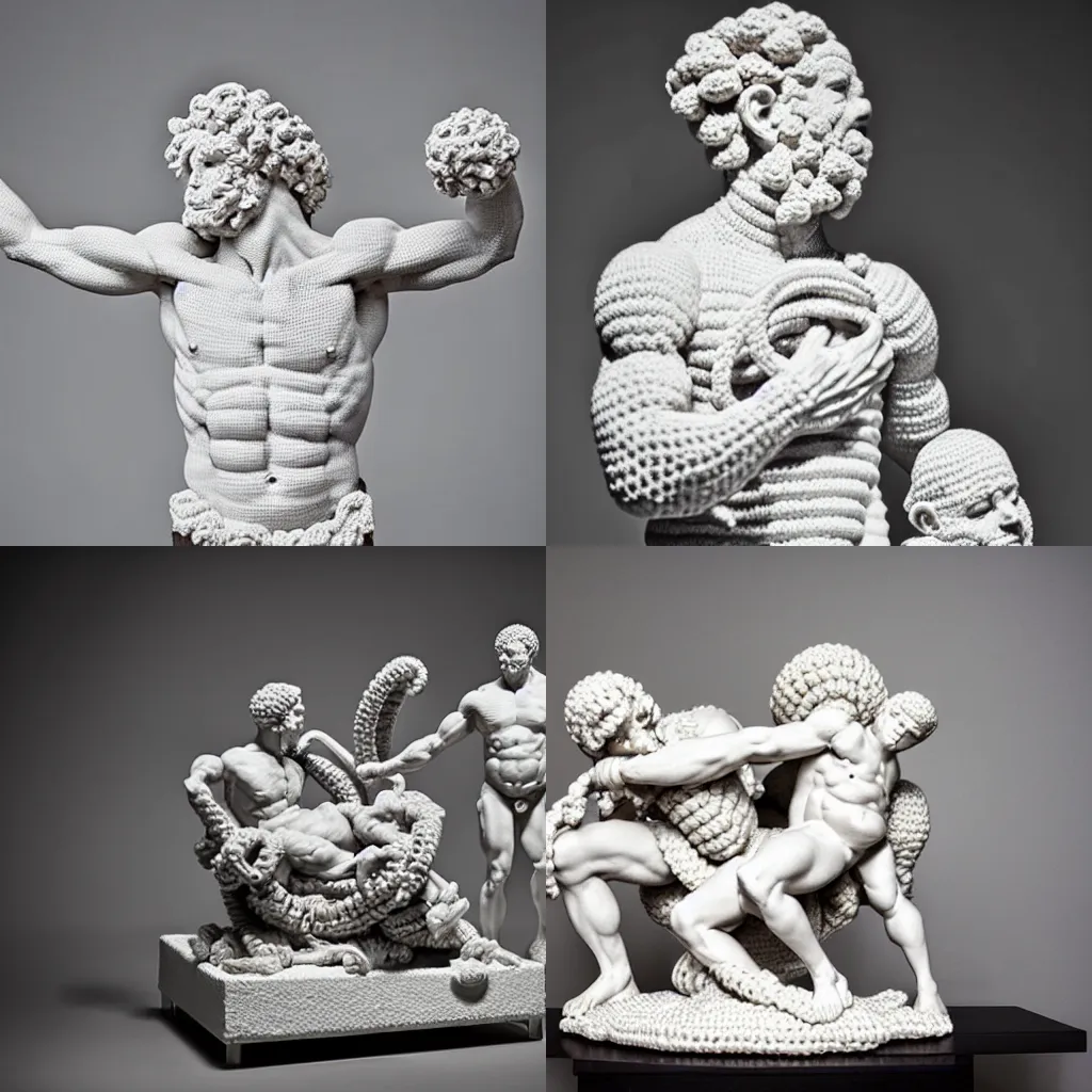 Prompt: sculpture of laocoon and his sons, made from crochet on a pedestal, white cube photography