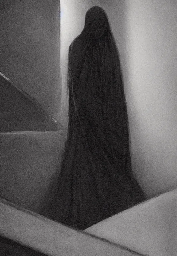 Prompt: a figure shrouded in a long trailing pitch black gown, descending a blank white large staircase in a dark room, photorealism, hyperrealism, harsh lighting, hyperrealism, dramatic lighting, serious, gloomy, foreboding