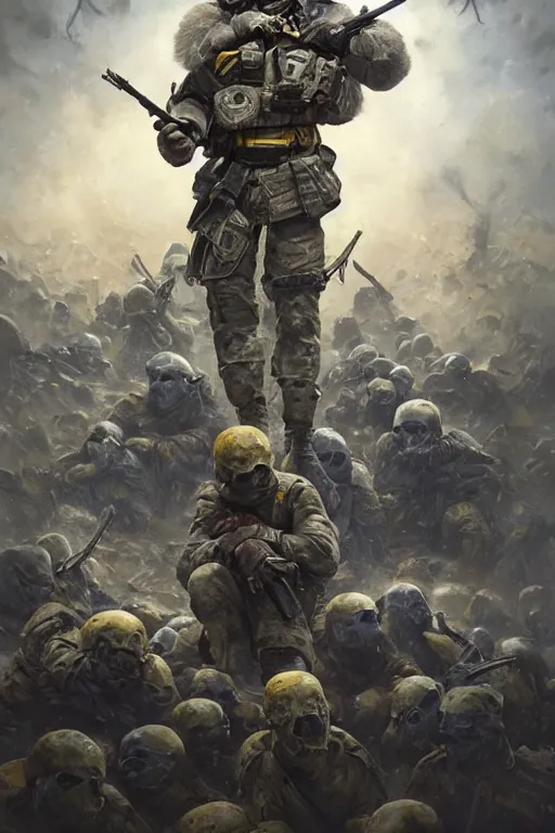 Image similar to a distant shot of a Ukrainian Call of Duty soldier with blue and yellow uniform standing alone on a pile of skulls as a winner, masculine figure, D&D, fantasy, intricate, elegant, highly detailed, extremely detailed, digital painting, artstation, concept art, matte, sharp focus, symmetrical, illustration, art by Artgerm and Greg Rutkowski and Alphonse Mucha