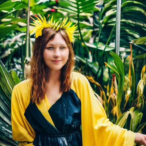 Prompt: medium photo portrait of a young european woman wearing a yellow kimono in a tropical greenhouse