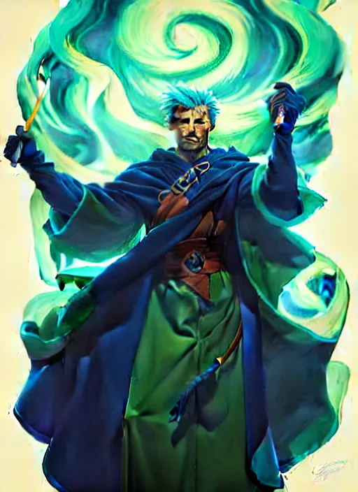 Image similar to style artgerm, joshua middleton, clint eastwood as a mage wearing green pelt robes, blue hair, swirling water cosmos, fantasy, dnd, cinematic lighting