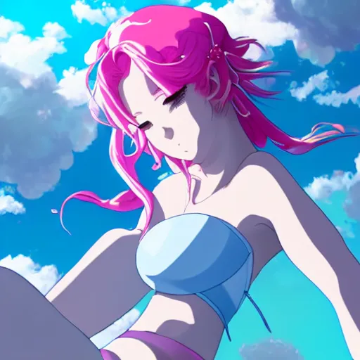 Prompt: stunningly beautiful gigantic omnipotent anime goddess with pink hair and mesmerizing cyan eyes, viewed from below, 8 k