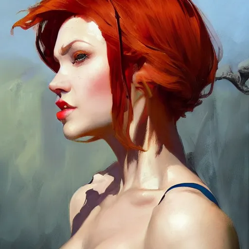 Image similar to greg manchess portrait painting of ginger beautiful woman as dragon age character, medium shot, asymmetrical, profile picture, organic painting, sunny day, matte painting, bold shapes, hard edges, street art, trending on artstation, by huang guangjian and gil elvgren and sachin teng