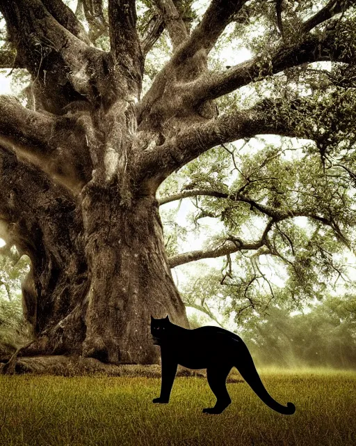 Prompt: a panther in the shade of a big tree during a thunderstorm. Award winning animal photography, dslr, lightning, forest, filmic, portrait.