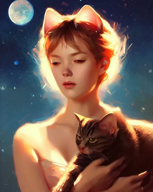 Image similar to a potrait of a space fanstasy cat, fine details. night setting. realistic shaded lighting poster by ilya kuvshinov katsuhiro, artgerm, jeremy lipkin and michael garmash, unreal engine, radiant light, detailed and intricate environment, digital art, trending on art station