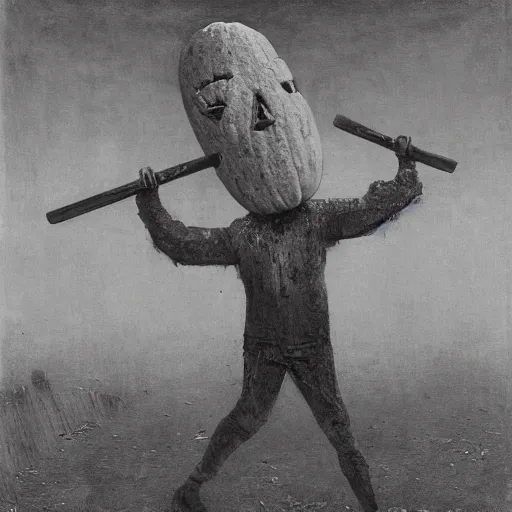 Image similar to pumpkin head man holding a sledgehammer stands inside an abandoned asylum, beksinski