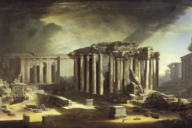 Image similar to starship painting spaceship crashed into rome temple by hubert robert detailed