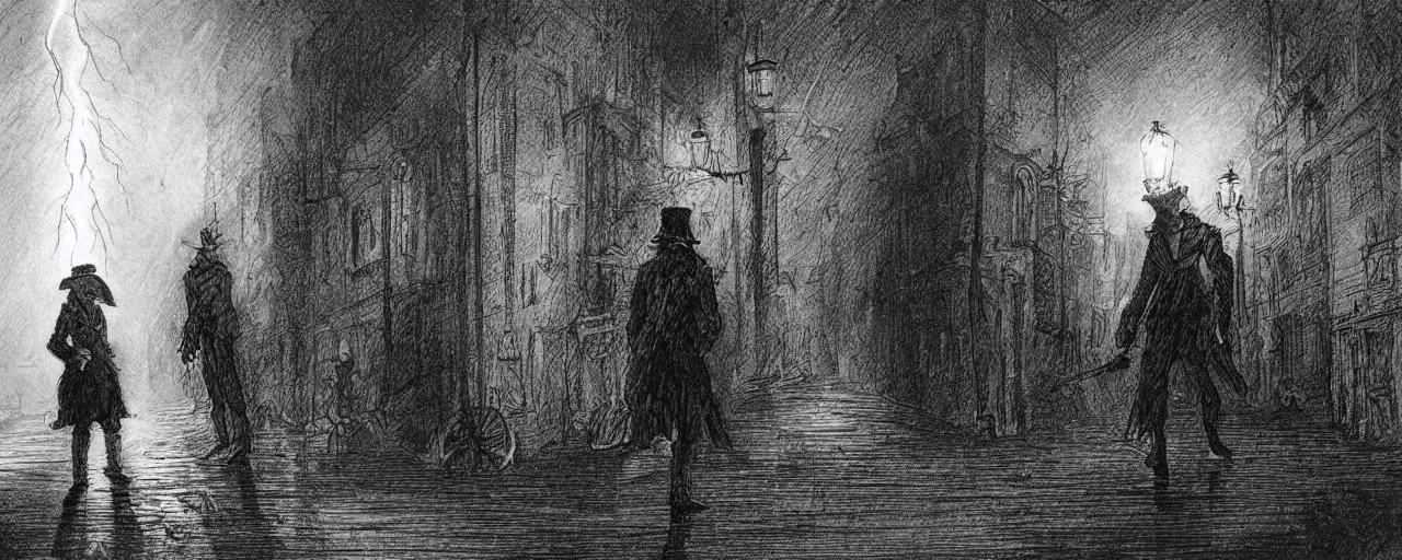 Prompt: Jack the ripper lurking at an innocent victim, 18th century London, streets, horror theme, detailed, elegant, intricate, cinematic lightning