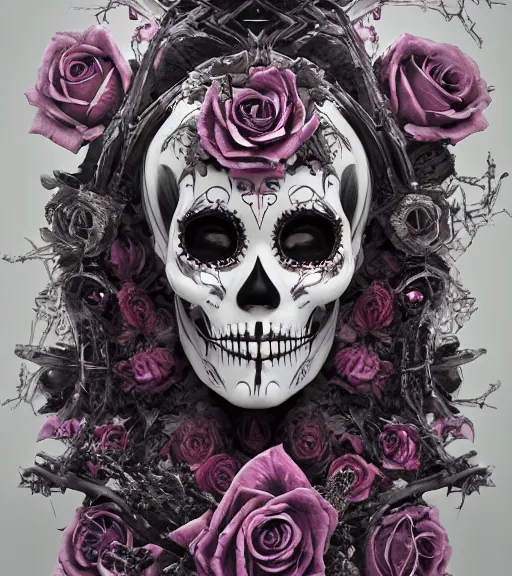 Image similar to a chaotic goddess of death skeleton as a heroine, intricate, elegant skull black rose s day of the dead atmospheric, dramatic, Trending on artstation. augmentations and cybernetic enhancements neon circuits, greg rutkowski , hyperrealist, cinema4D, 8k highly detailed