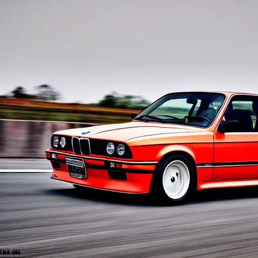 Prompt: a rolling shot of a modified bmw e 3 0 with lights on, on a street race track, motion blur, 3 0 0 mm photography, car photography, clean lines, realistic