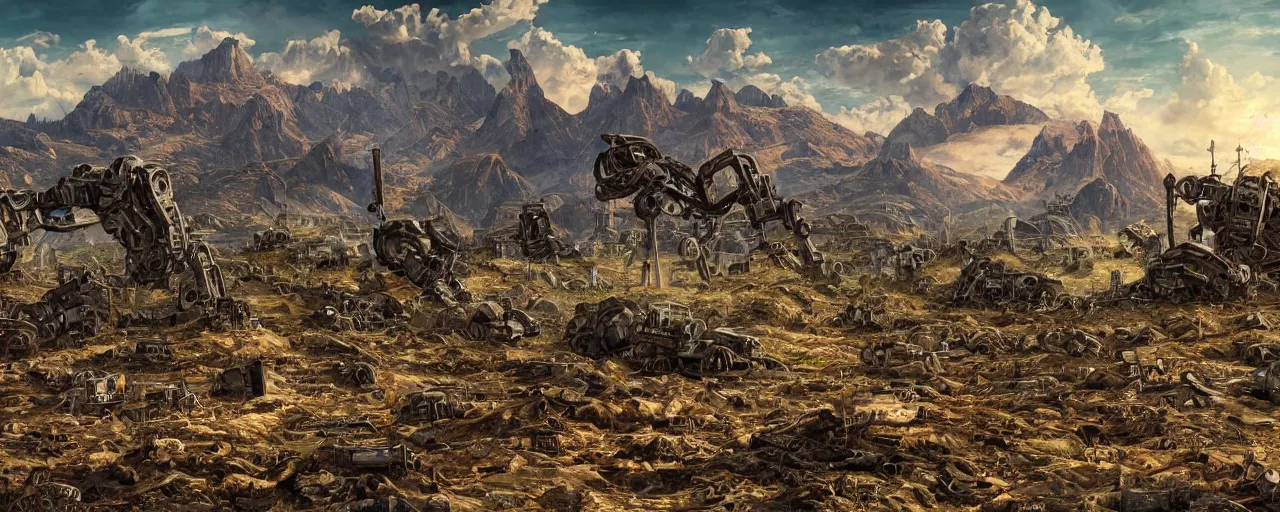 Prompt: apocalypse landscape, ruins and mountain in the background, broken rusty robots scattered on the ground, masterpiece 4k, intricate details, realistic, panoramic view, Hyperdetailed, 8k resolution, intricate art nouveau