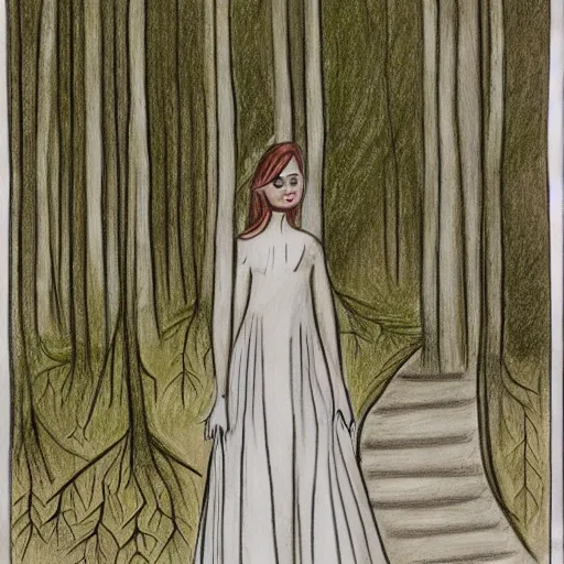 Prompt: a drawing of a woman in a white dress in a forest