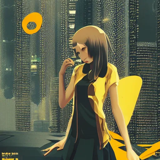 Image similar to Frequency indie album cover, luxury advertisement, yellow filter. Clean and detailed post-cyberpunk sci-fi close-up schoolgirl in asian city in style of cytus and deemo, blue flame, relaxing, calm and mysterious vibes, by Tsutomu Nihei, by Yoshitoshi ABe, by Ilya Kuvshinov, by Greg Tocchini, nier:automata, set in half-life 2, Matrix, GITS, Blade Runner, Neotokyo Source, Syndicate(2012), dynamic composition, beautiful with eerie vibes, very inspirational, very stylish, with gradients, surrealistic, dystopia, postapocalyptic vibes, depth of field, mist, rich cinematic atmosphere, perfect digital art, mystical journey in strange world, beautiful dramatic dark moody tones and studio lighting, shadows, bastion game, arthouse