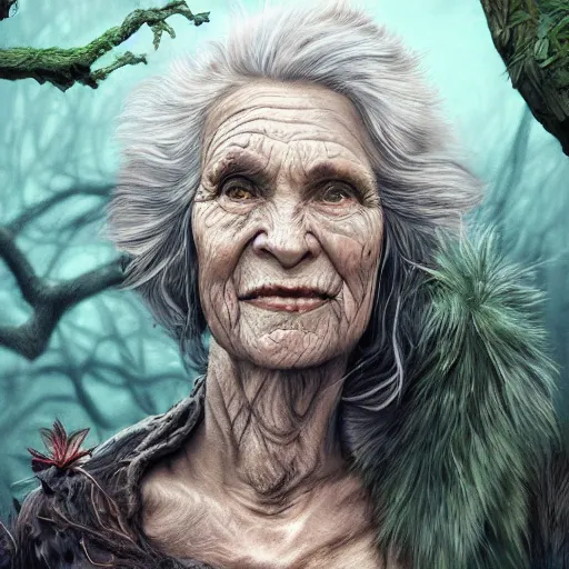 Image similar to fantasy portrait of an energetic old woman with silky, cloudy grey hair, black scars on her face, swamp vegetation in the background, nocturnal palette, art by greg rutowski, raphael lacoste, eddie mendoza, artgerm, trending on artstation